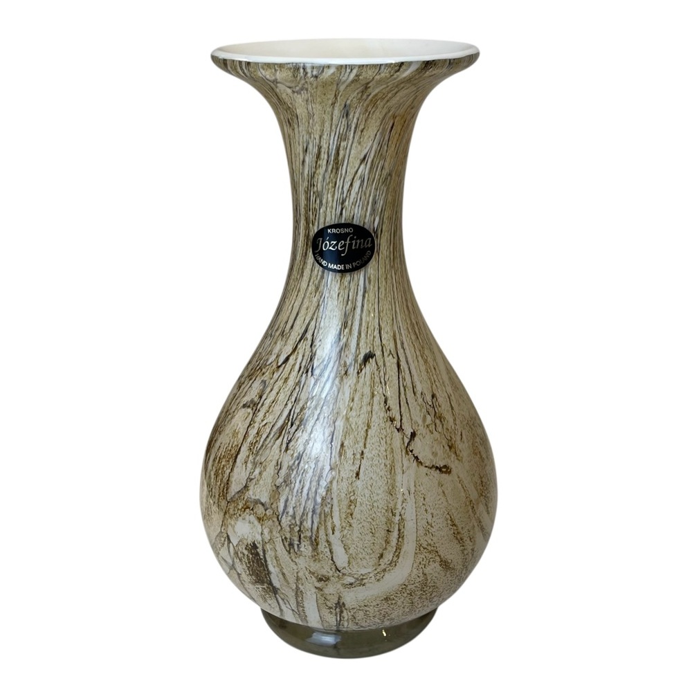 Jozefina Krosno Art Glass Vase Poland Handmade Tan Brown Marbled 9.25” Vtg READ